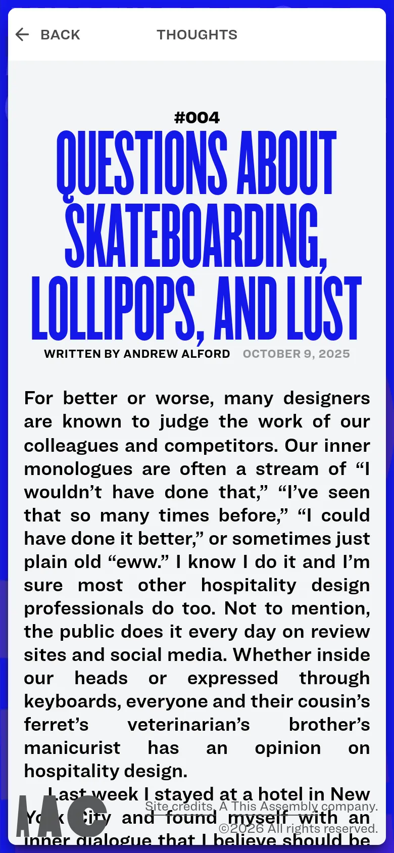 The mobile version simplifies the layout into a single vertical column on a white background. The large yellow header from the desktop version is removed, and the article title appears in large, condensed blue text at the top. The text content follows below, filling the width of the screen for easier reading on a smaller device.
