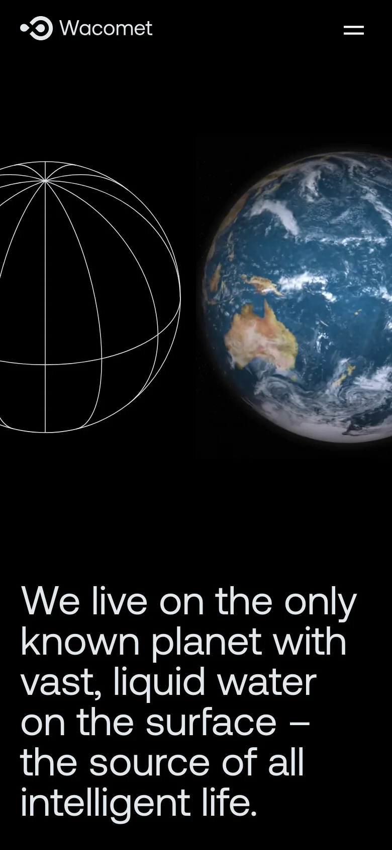 Mobile version of the Wacomet homepage with a simplified layout on a black background. The hero imagery of the wireframe and realistic Earth is stacked vertically, and the top navigation is replaced by a hamburger menu icon next to the logo.