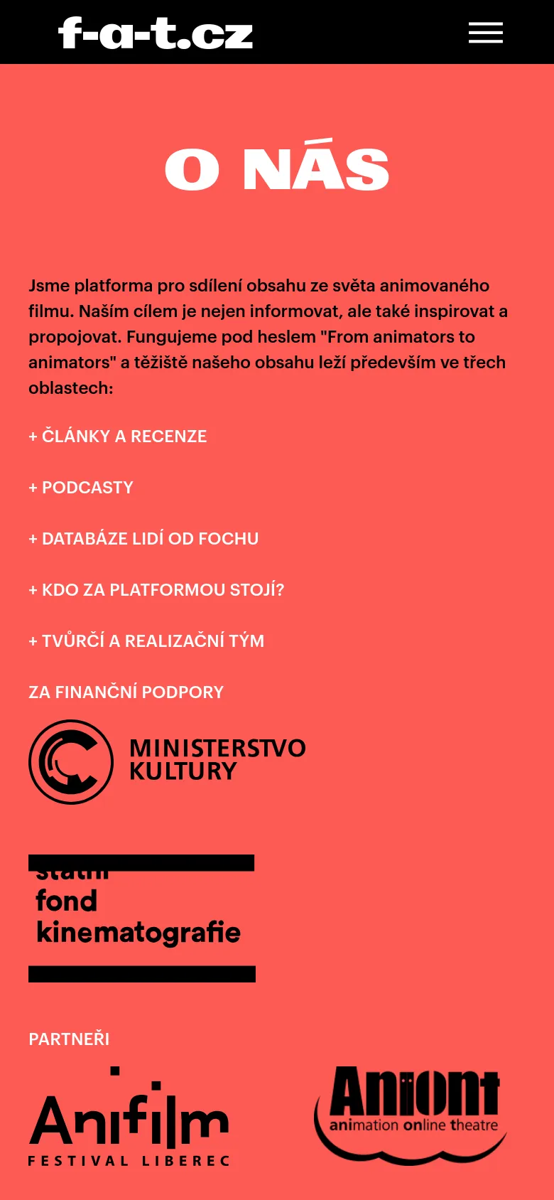 The mobile version simplifies the layout into a single vertical column on a red background. The large 'O NÁS' headline and descriptive text appear at the top, followed by the list of sections, supporter logos, and partner logos stacked vertically. The navigation menu is collapsed into a hamburger icon in the black header.