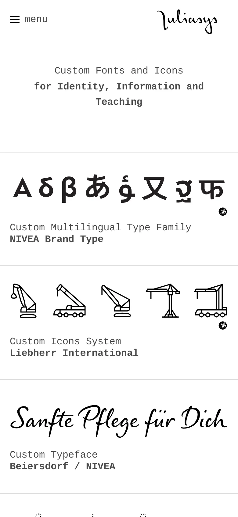 The mobile version uses a single-column layout with a hamburger menu icon at the top left. The content is stacked vertically, displaying large typographic characters and icon systems one after another, maintaining the clean white and black aesthetic of the desktop site.