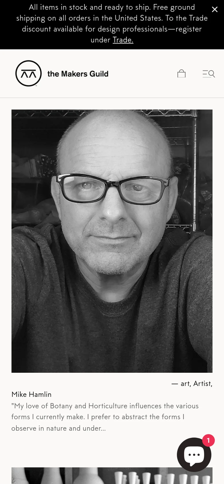 The mobile version presents a single-column vertical layout, focusing on one large black and white artist portrait at a time. The header is simplified with the brand logo, a shopping bag icon, and a search icon, while a floating chat bubble appears in the bottom right corner.