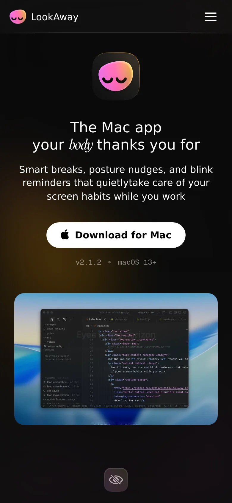 The mobile version presents a simplified, vertically stacked layout on a dark background. The navigation is condensed into a hamburger menu icon in the top right, while the hero section features the app icon, centered headline, and a large 'Download for Mac' button positioned above a preview image of the app interface.