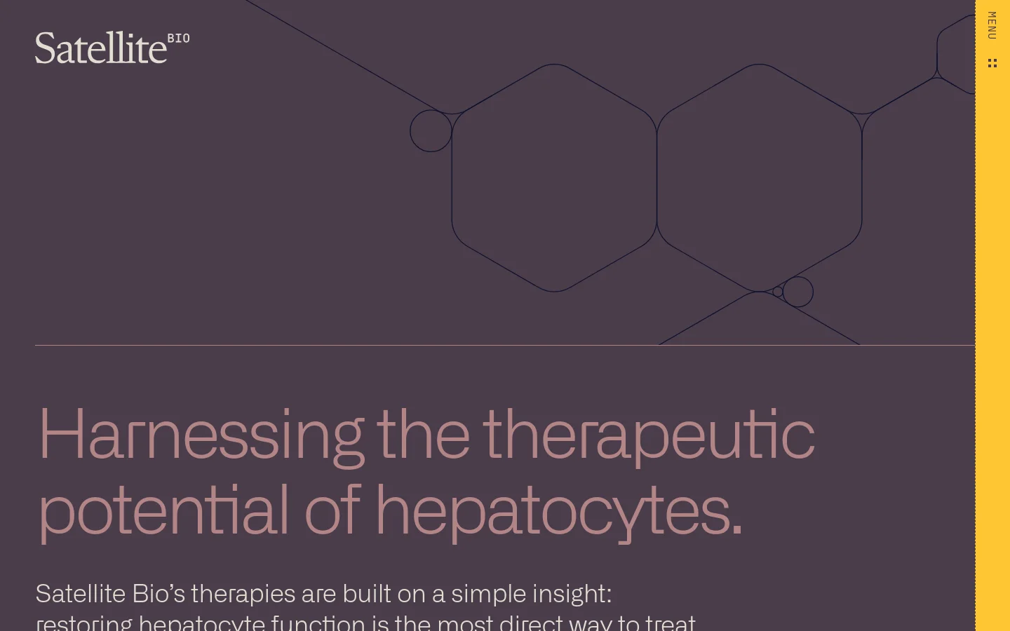 The desktop page features a dark purple background with a large, minimalist geometric line drawing of interconnected hexagons in the hero section. The 'Satellite Bio' logo is in the top left, and a vertical yellow 'MENU' button is on the right. A large headline reads, 'Harnessing the therapeutic potential of hepatocytes,' followed by introductory text.