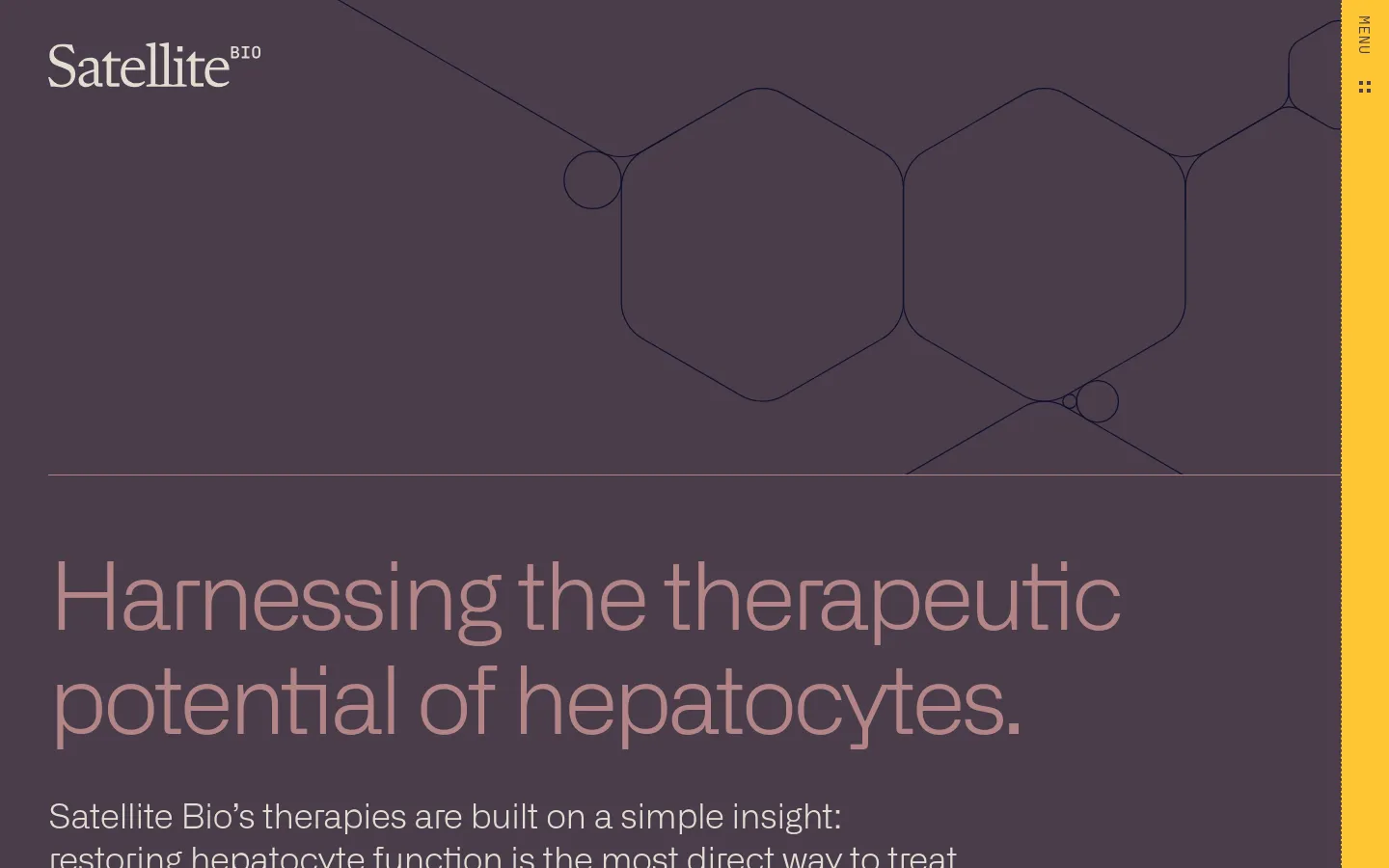 The desktop page features a dark purple background with a large, minimalist geometric line drawing of interconnected hexagons in the hero section. The 'Satellite Bio' logo is in the top left, and a vertical yellow 'MENU' button is on the right. A large headline reads, 'Harnessing the therapeutic potential of hepatocytes,' followed by introductory text.