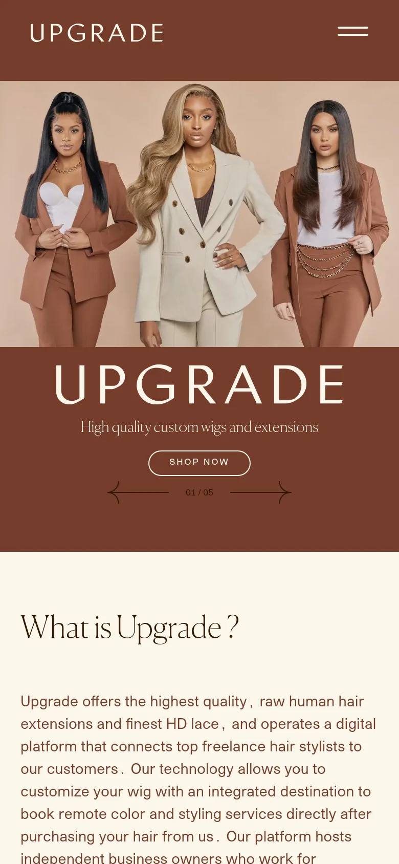 The mobile version presents a simplified layout with a hamburger menu for navigation and a centered logo. The hero section features the same image of three women and the 'UPGRADE' branding, but the text and 'SHOP NOW' button are vertically stacked to fit the narrower screen. The brown background remains a dominant design element throughout the scrolling experience.