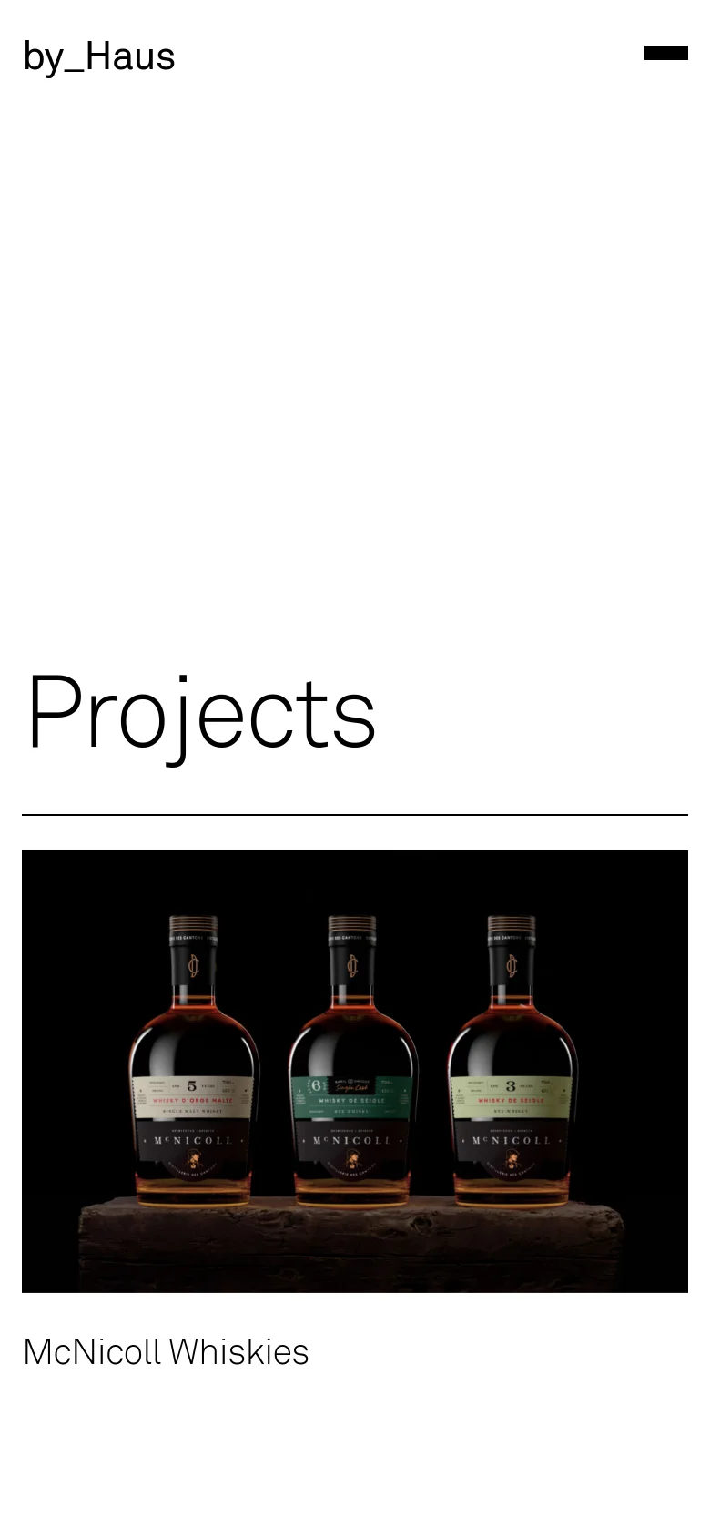 The mobile version maintains the minimalist white and black aesthetic but uses a single-column layout. The 'Projects' headline is prominent at the top, followed by a vertical stack of large project images and their corresponding titles, optimized for vertical scrolling.