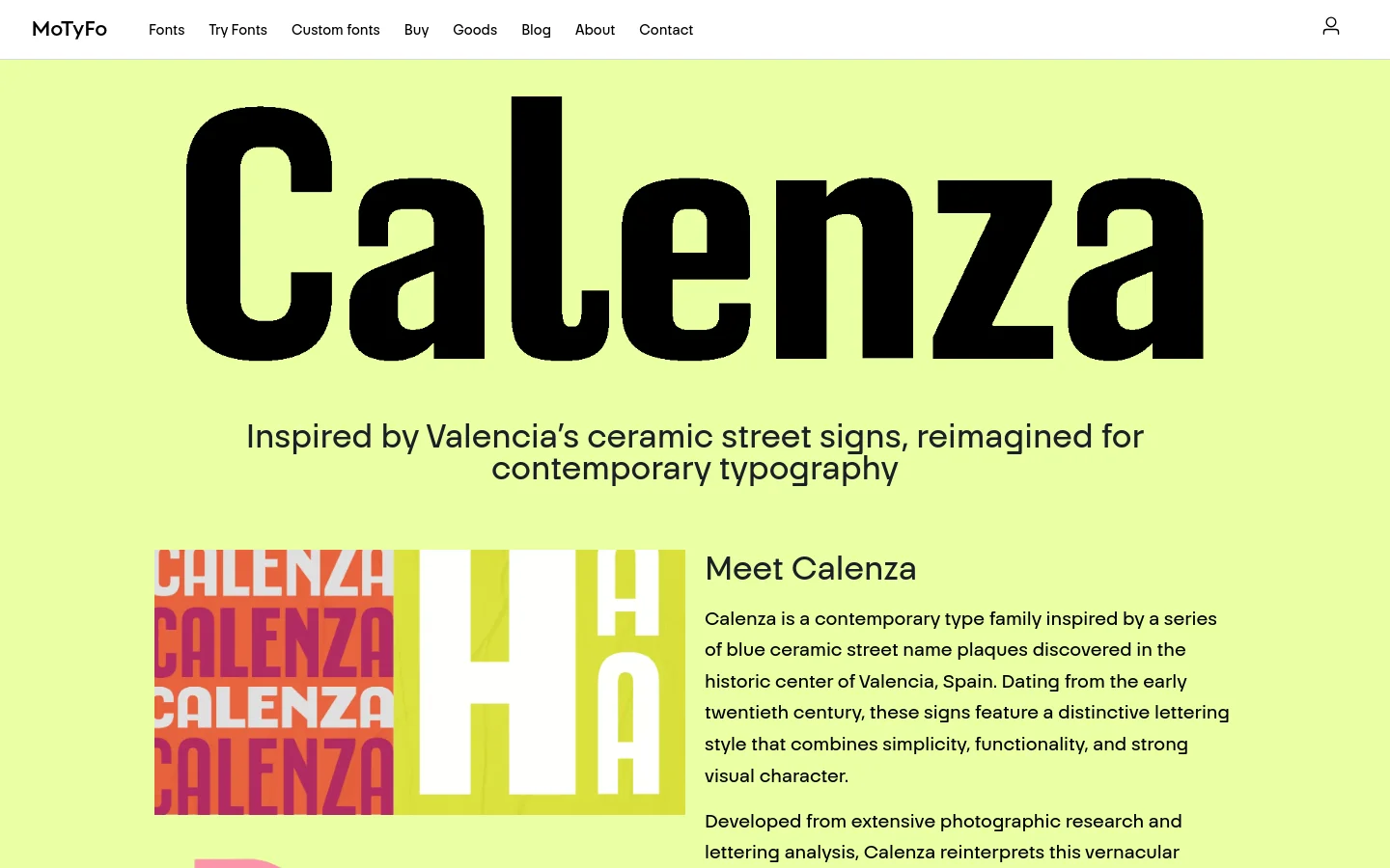 The Mostardesign Type Foundry homepage features a minimalist layout with a light lime green background. Large, bold black typography showcases featured fonts like Calenza, Urbolyt, and Parisco, accompanied by descriptive text and call-to-action links. The desktop navigation bar at the top includes links for Fonts, Try Fonts, Custom fonts, Buy, Goods, Blog, About, and Contact.