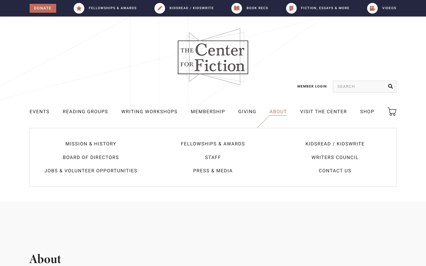 The desktop About page features a minimalist white header with the Center for Fiction logo, a search bar, and a navigation menu including Events and Membership. Below the header, a large hero image shows a street view of the center, followed by an introductory text section and a grid of links to Mission & History, Fellowships & Awards, and KidsRead / KidsWrite. The layout is spacious with clean typography and a neutral color palette.