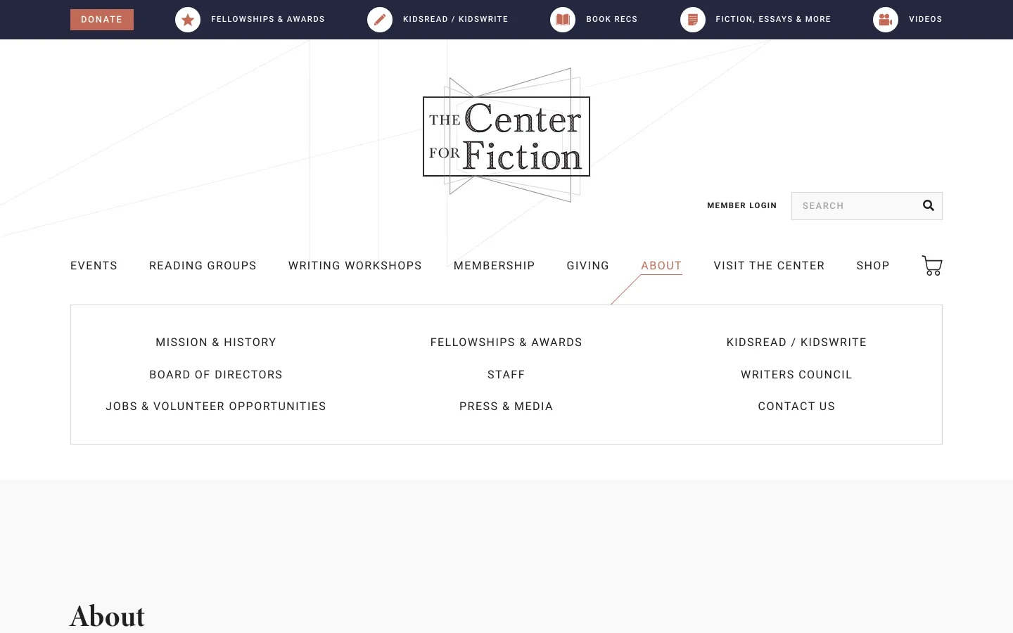 The desktop About page features a minimalist white header with the Center for Fiction logo, a search bar, and a navigation menu including Events and Membership. Below the header, a large hero image shows a street view of the center, followed by an introductory text section and a grid of links to Mission & History, Fellowships & Awards, and KidsRead / KidsWrite. The layout is spacious with clean typography and a neutral color palette.