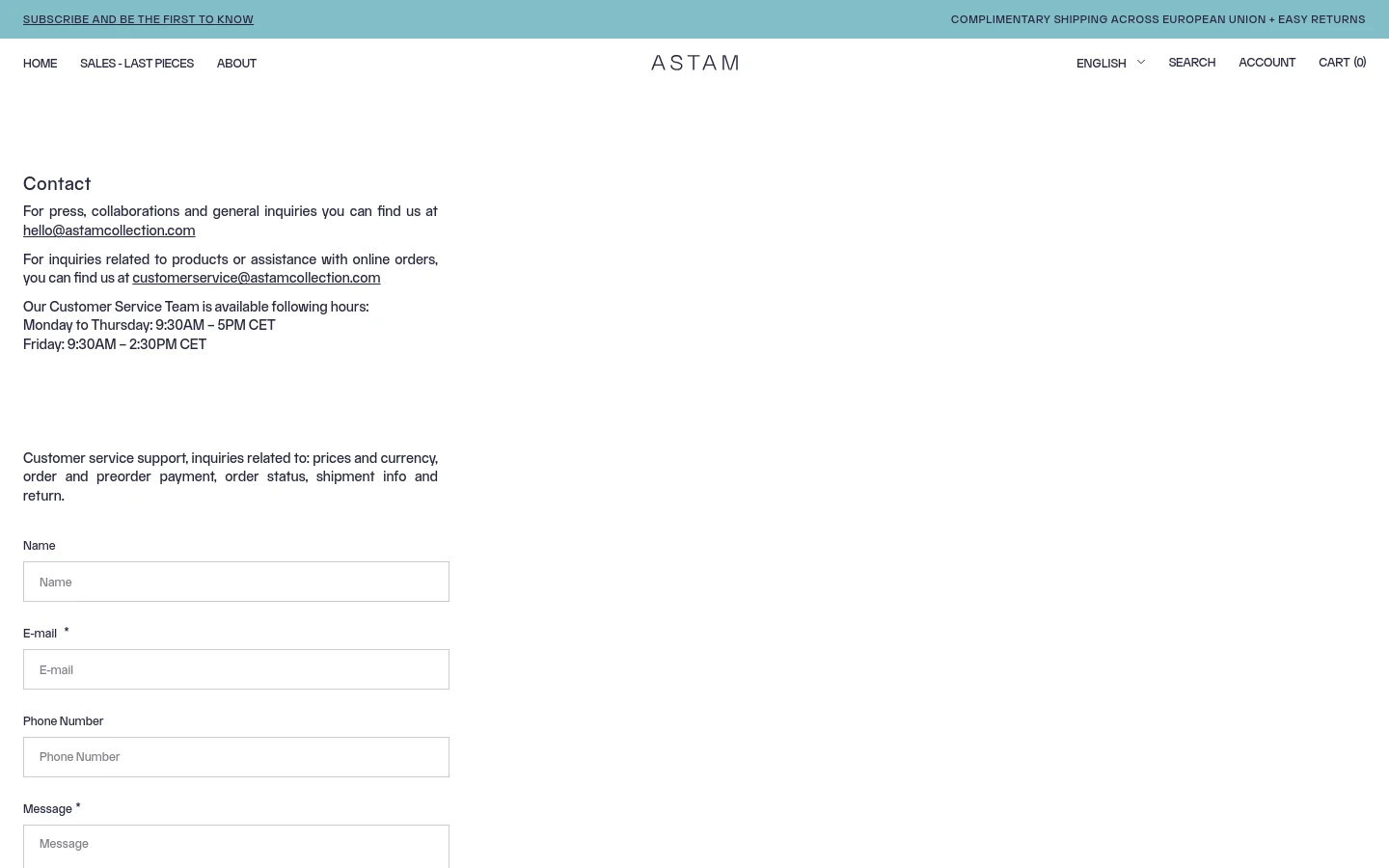 The desktop Contact page features a minimalist white layout with black text and a top navigation bar containing links for Home, Sales, and About. The main content area displays contact email addresses, customer service hours, and a contact form with fields for Name, E-mail, Phone Number, and Message. A teal banner at the bottom promotes complimentary shipping across the European Union.