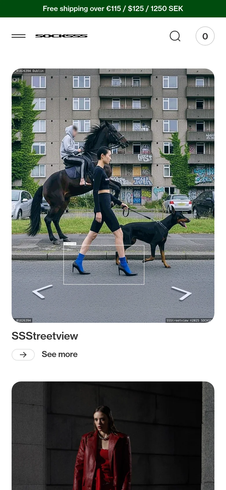The mobile version presents a single-column vertical scroll of large, full-width editorial images. The header is condensed with a hamburger menu, the brand logo, a search icon, and a shopping bag icon, while the green promotional banner remains at the top.