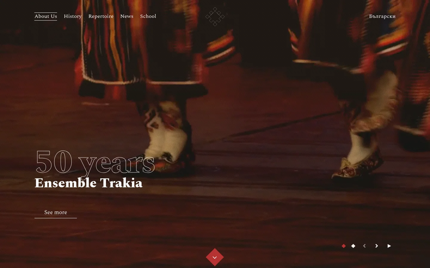The desktop homepage features a full-width hero image of dancers in traditional Bulgarian attire with the headline '50 years Ensemble Trakia' and a 'See more' call to action. A navigation menu at the top includes links for About Us, History, Repertoire, News, and School, alongside a language toggle. Below the hero section, the layout transitions to a clean white background with text describing the ensemble's mission and a grid of content blocks for Structure, Video, Reviews, Audio, and Contact.
