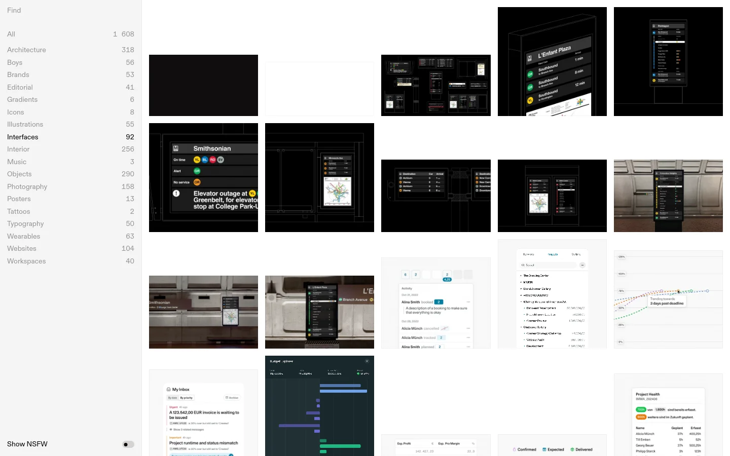 A desktop web page titled 'Interfaces' featuring a minimalist dark theme. A sidebar on the left lists various design categories with item counts, while the main content area displays a multi-column grid of interface design inspiration images. The grid includes various digital signage, mobile app screens, and data visualizations.