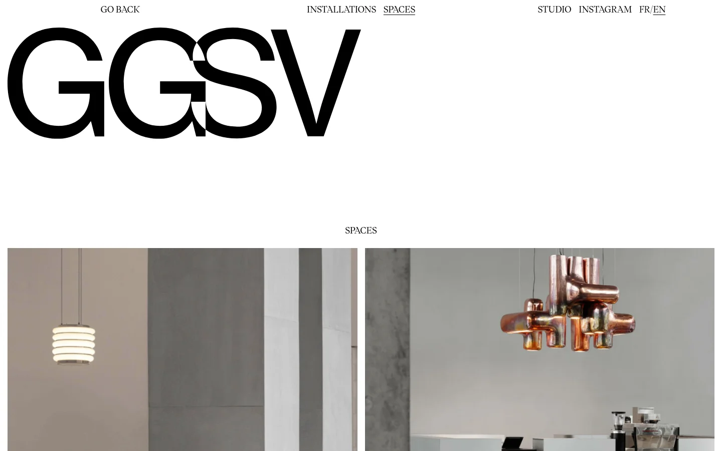 The desktop version of the Spaces page features a large black GGSV logo at the top, with a minimalist navigation menu containing links like Installations, Spaces, and Studio. Below the header, the title 'SPACES' is centered above a grid of large, high-quality architectural project images, such as the Musée d’Art Moderne de Paris, which serve as clickable links.