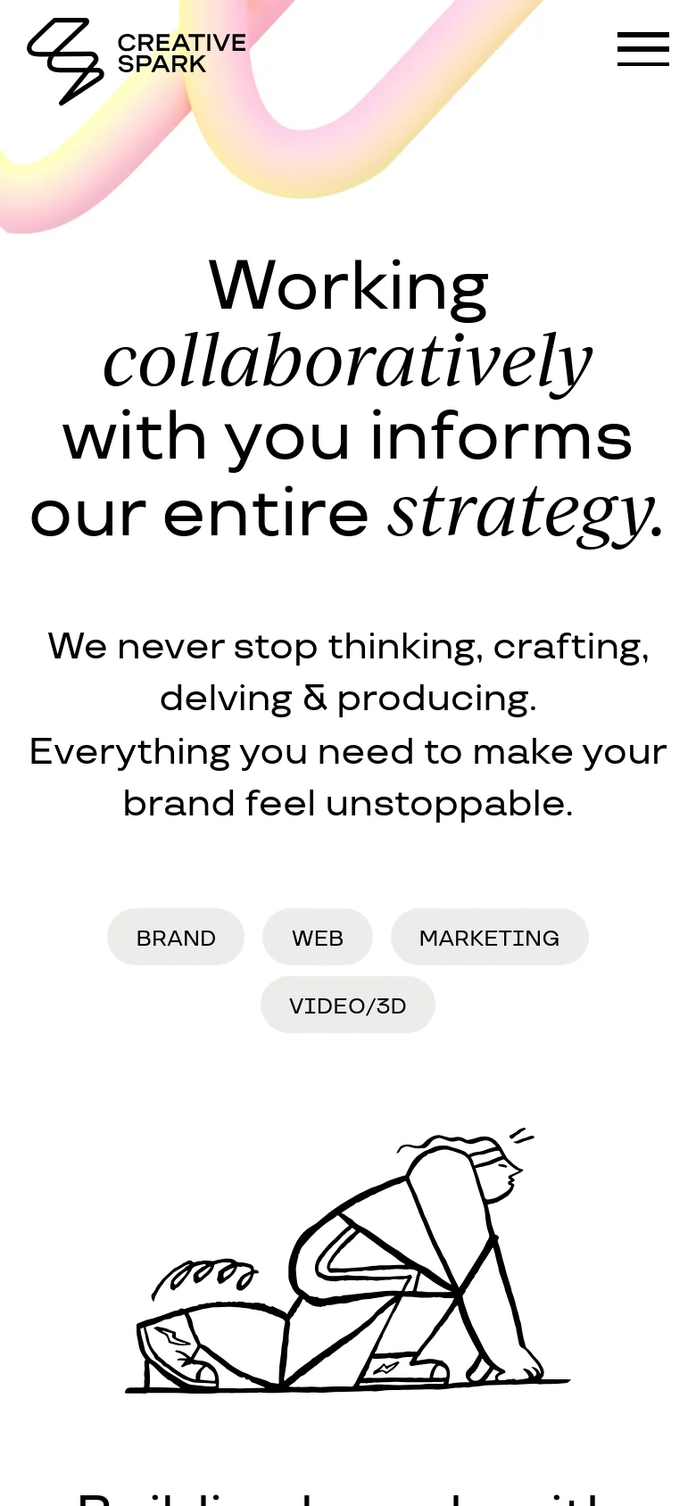 The mobile version maintains the white background and large typography but uses a condensed layout. The top navigation is replaced by a black hamburger menu icon next to the logo, and the service category buttons are stacked vertically or arranged in a tighter grid to fit the narrower screen width.