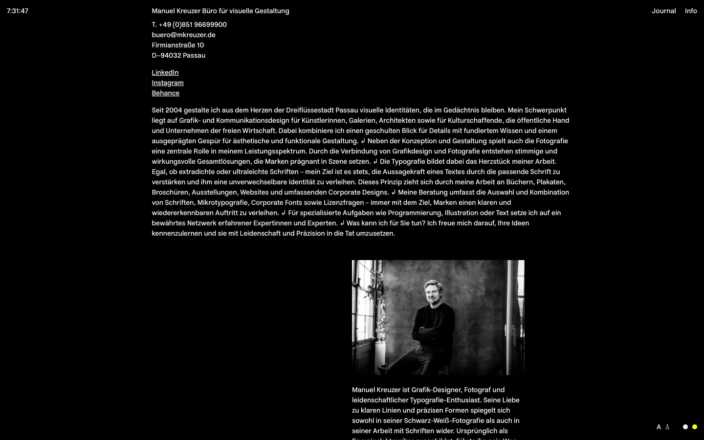 The desktop version features a minimalist design with a black background and white text. The layout consists of a left-aligned sidebar containing contact information, social media links, and a navigation menu, while the main content area on the right displays a detailed professional biography and a black-and-white portrait photograph at the bottom.