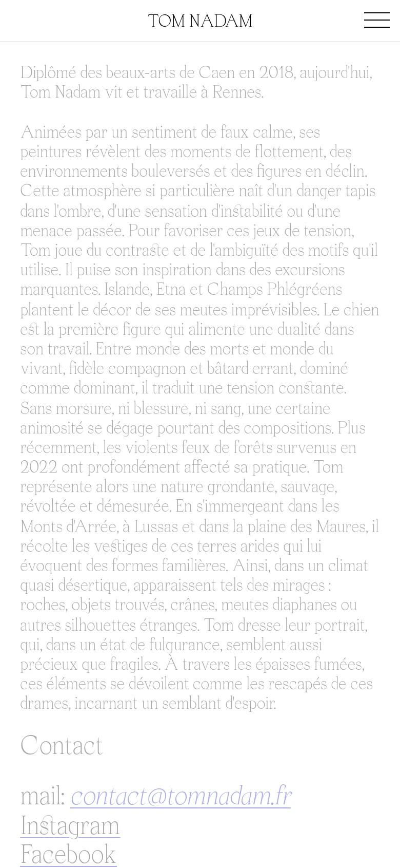 The mobile version uses a single-column vertical layout for better readability on small screens. The navigation is condensed into a hamburger menu icon at the top right, and the biographical text, contact heading, and social links are stacked vertically in a clean, centered format.