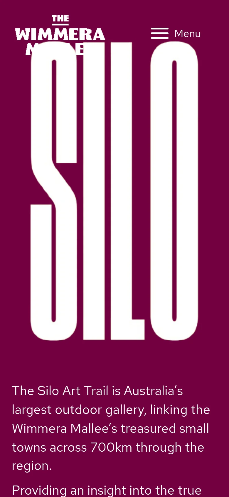 The mobile version uses a similar deep maroon background and large white stylized text, but the navigation is condensed into a 'Menu' hamburger icon at the top right. The text content is stacked vertically, maintaining the high-contrast white-on-maroon aesthetic for readability on smaller screens.