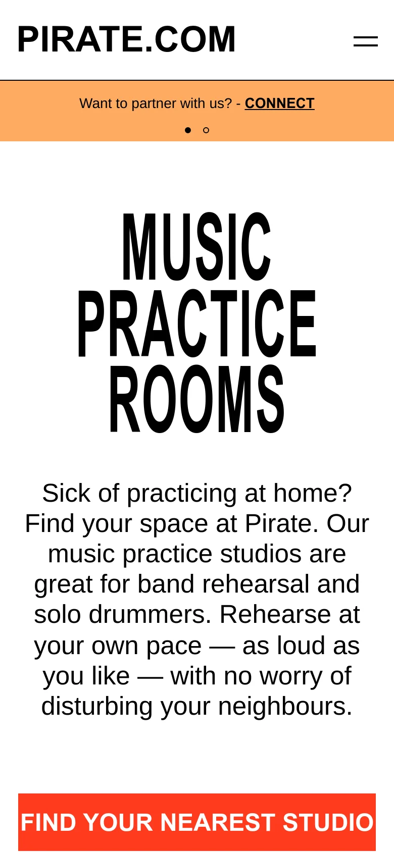 The mobile version maintains the centered, large bold headline and introductory text but scales the typography for a vertical viewport. The orange 'FIND YOUR NEAREST STUDIO' button spans a larger portion of the width, and the top navigation is condensed into a hamburger menu icon next to the Pirate.com logo.