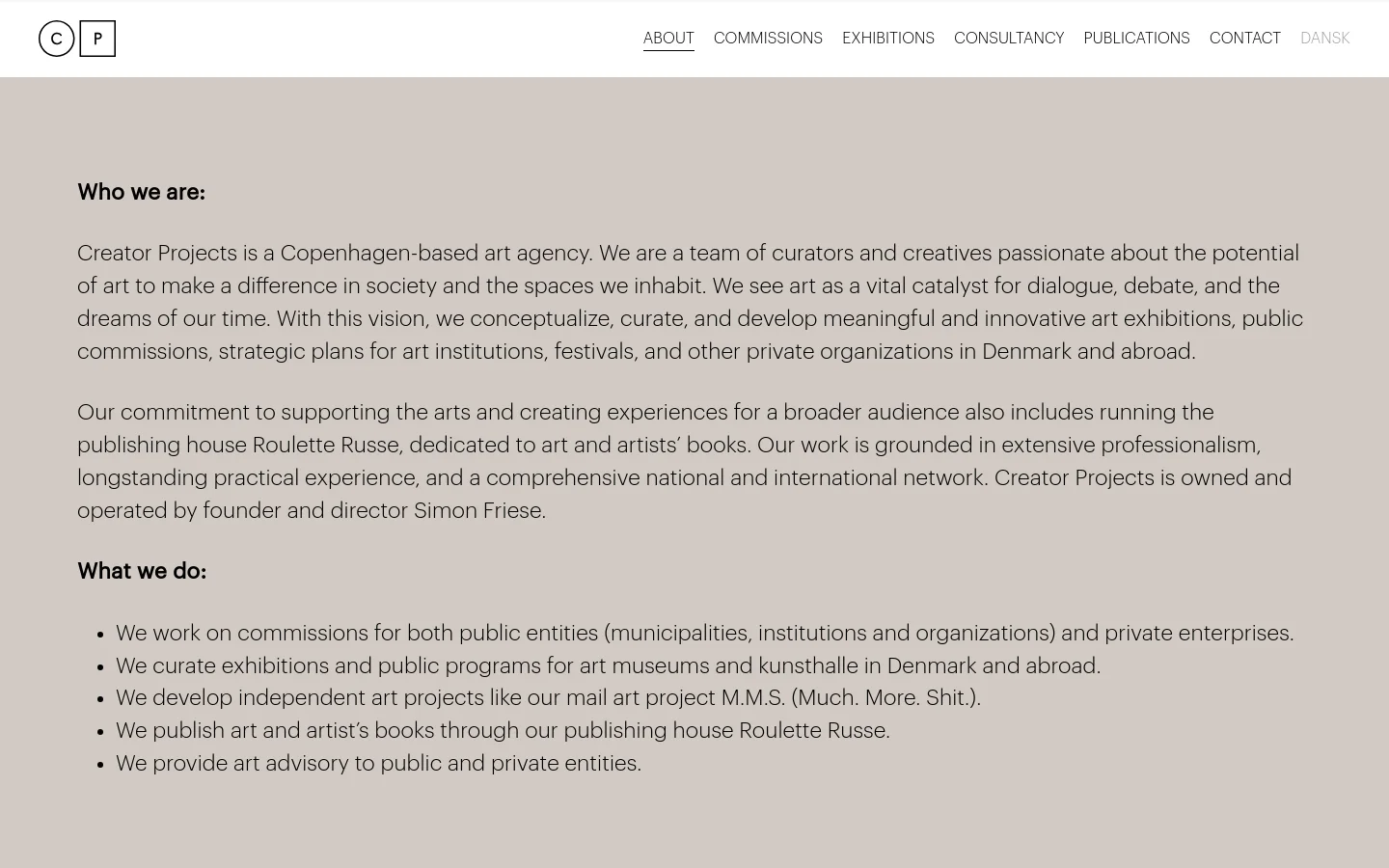 The desktop About page features a minimalist design with a white background and black text. A navigation menu is at the top right, and the main content includes two sections, 'Who we are:' and 'What we do:', with the latter presented as a bulleted list. A portrait of Director Simon Friese is positioned on the left side of his biographical text.
