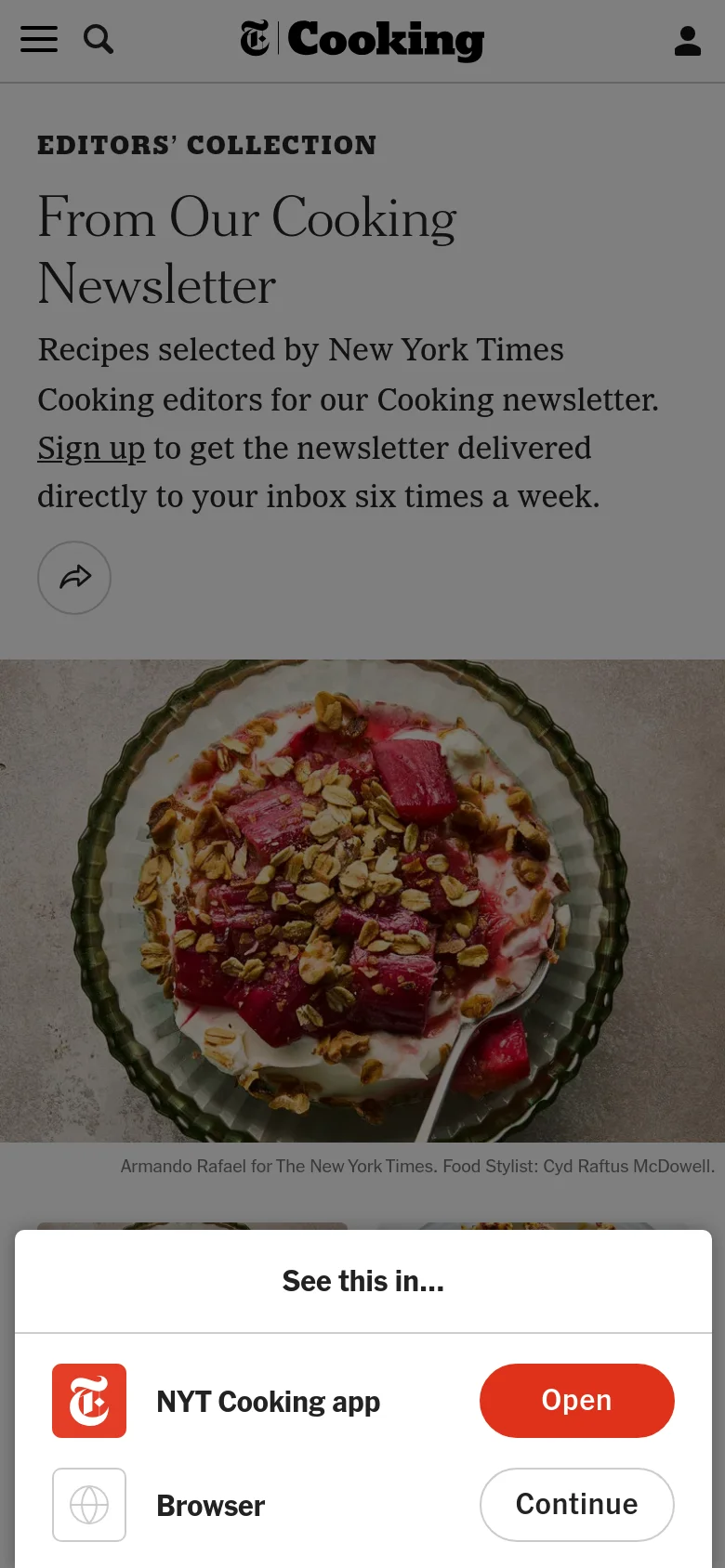 Mobile view of the newsletter page with a condensed header and a prominent 'See this in...' overlay at the bottom offering the app or browser. The main content shows the newsletter headline, description, and a large hero image of rhubarb, followed by a vertical stack of recipe cards.