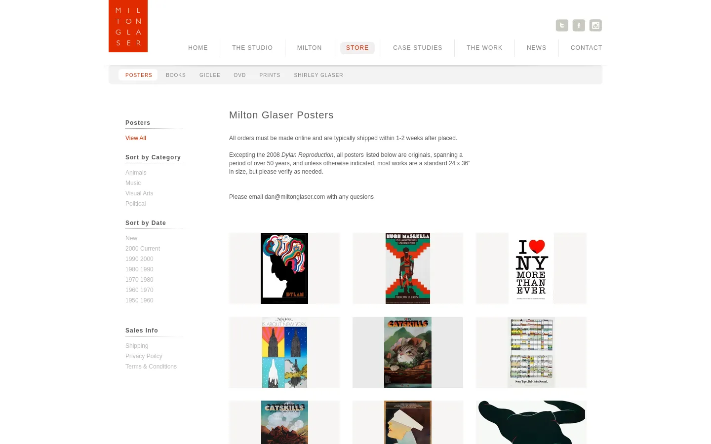 The desktop view shows the Milton Glaser store page for posters with a clean, white background and a minimalist layout. A top navigation bar includes links like Home, The Studio, and Store, while a secondary sub-menu allows filtering by product type. Below a text introduction, a grid of colorful poster thumbnails is displayed, with a left-hand sidebar providing category, date, and sales information filters.