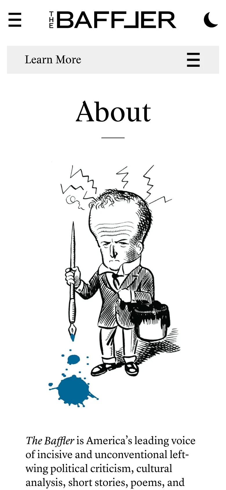 The mobile version presents a single-column layout with the 'About' title and a large illustration of a man with a leaking pen centered at the top. Below the image, the magazine's descriptive text flows vertically, and the navigation is condensed into a 'Learn More' dropdown menu at the top.