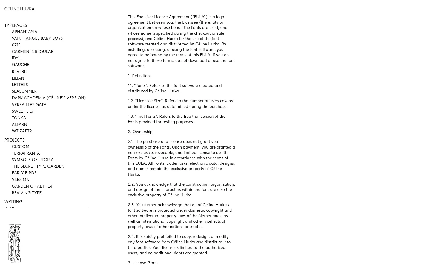 The Licensing page features a minimalist design with a white background and black text. A vertical sidebar on the left contains the site logo and a comprehensive navigation menu organized by Typefaces and Projects. The main content area displays the End User License Agreement (EULA) text in a clean, serif font.