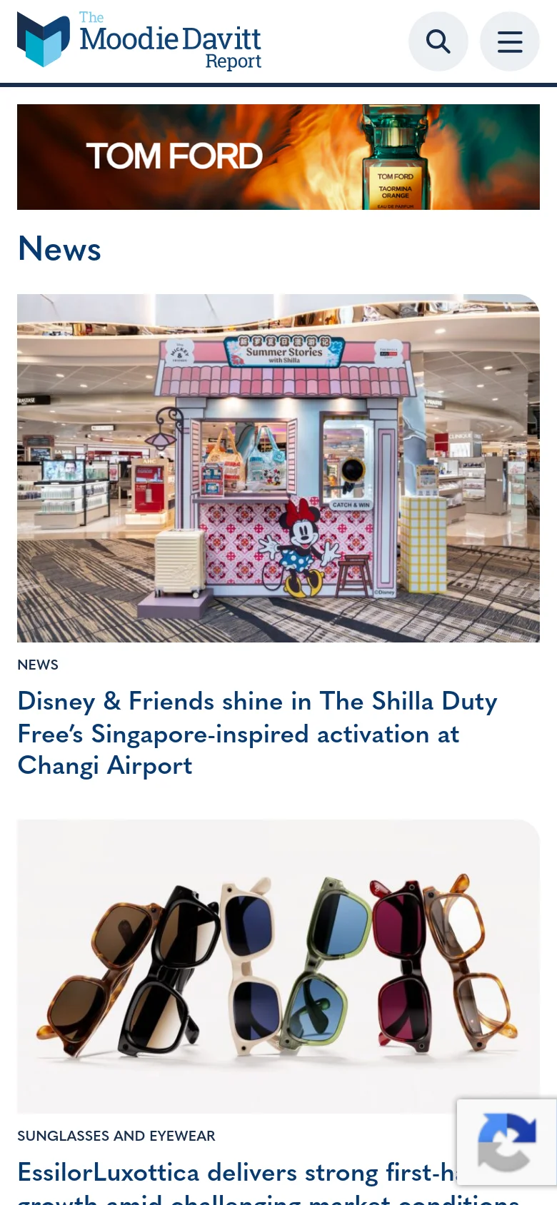 The mobile version simplifies the layout into a single-column vertical stack. The header features a condensed logo, a search icon, and a hamburger menu icon, while the Tom Ford banner and news articles are resized to fit the narrow screen width.