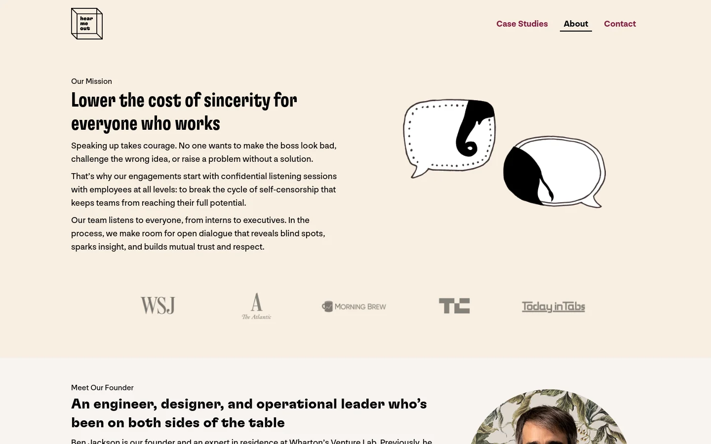 The desktop About page features a cream background with a navigation menu at the top right. A large hero section displays an illustration of overlapping speech bubbles next to the headline 'Lower the cost of sincerity for everyone who works,' followed by mission text and a row of media logos including WSJ and TechCrunch.