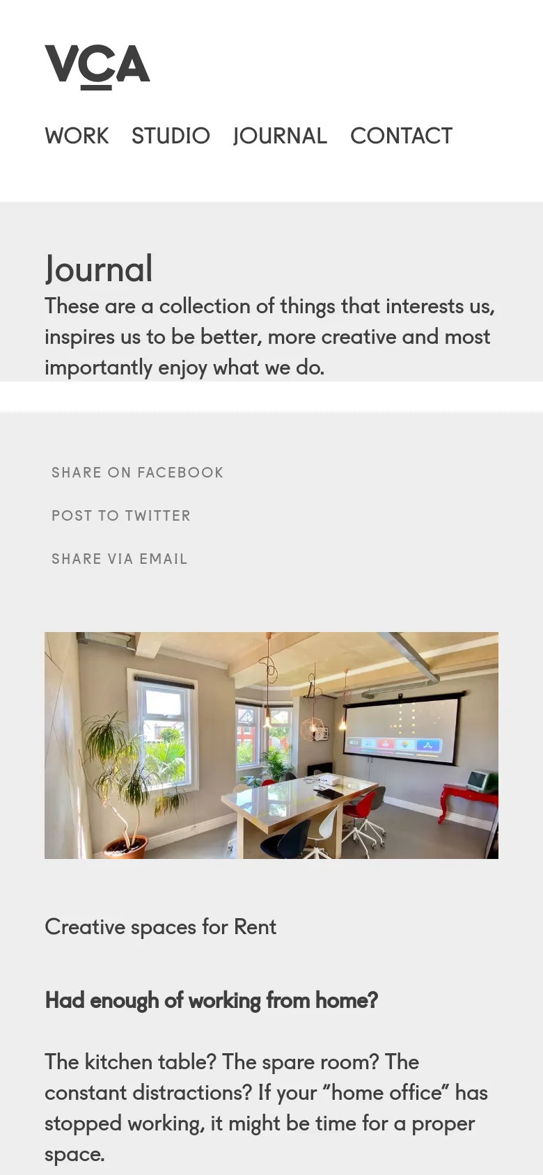 The mobile version uses a centered layout with the 'VCA' logo at the top and a stacked navigation menu below it. The 'Journal' heading and description are centered, followed by vertical social sharing links and the same studio photograph, which spans the width of the screen.