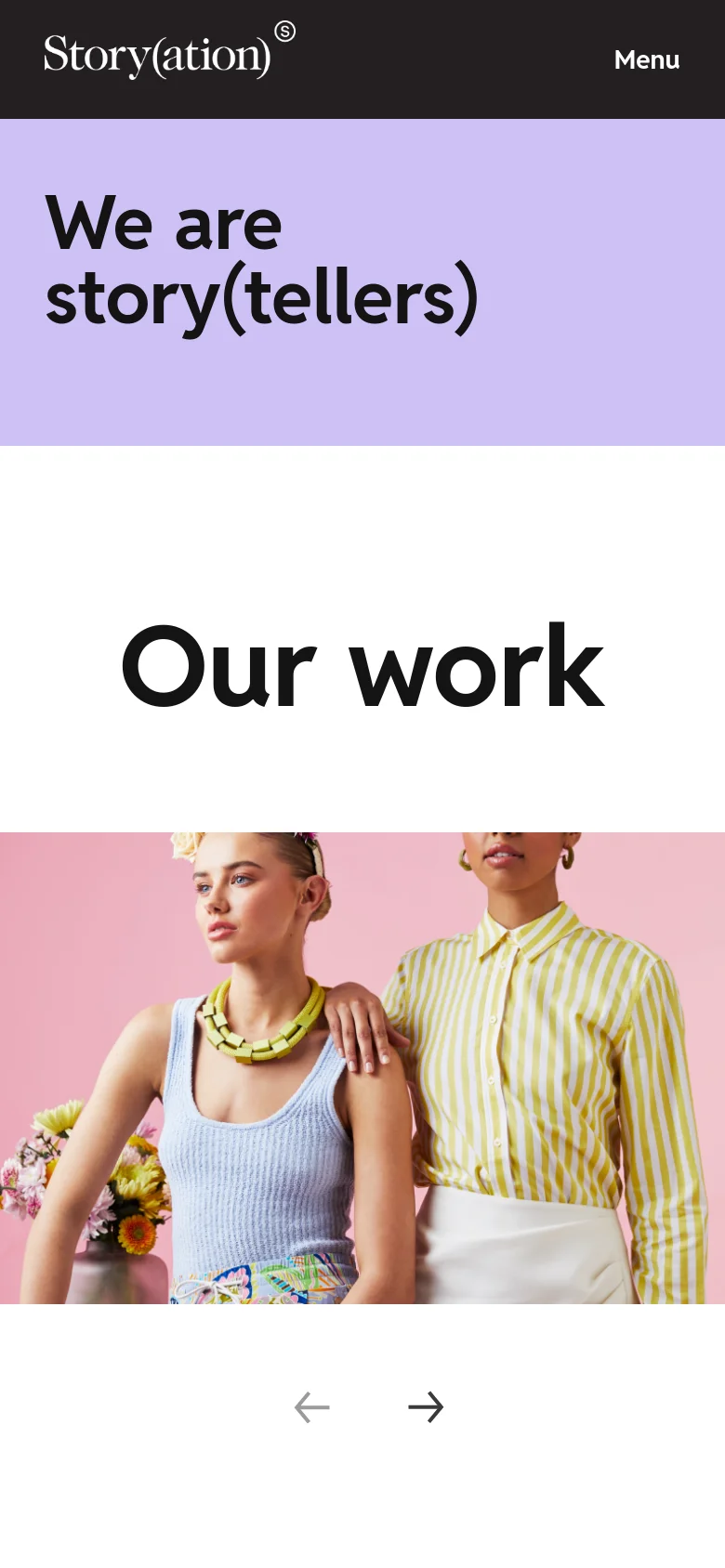 The mobile version simplifies the layout with a dark header containing the logo and a 'Menu' button. The lavender hero section and 'Our work' heading remain prominent, but the portfolio content is presented in a single-column vertical stack optimized for scrolling.