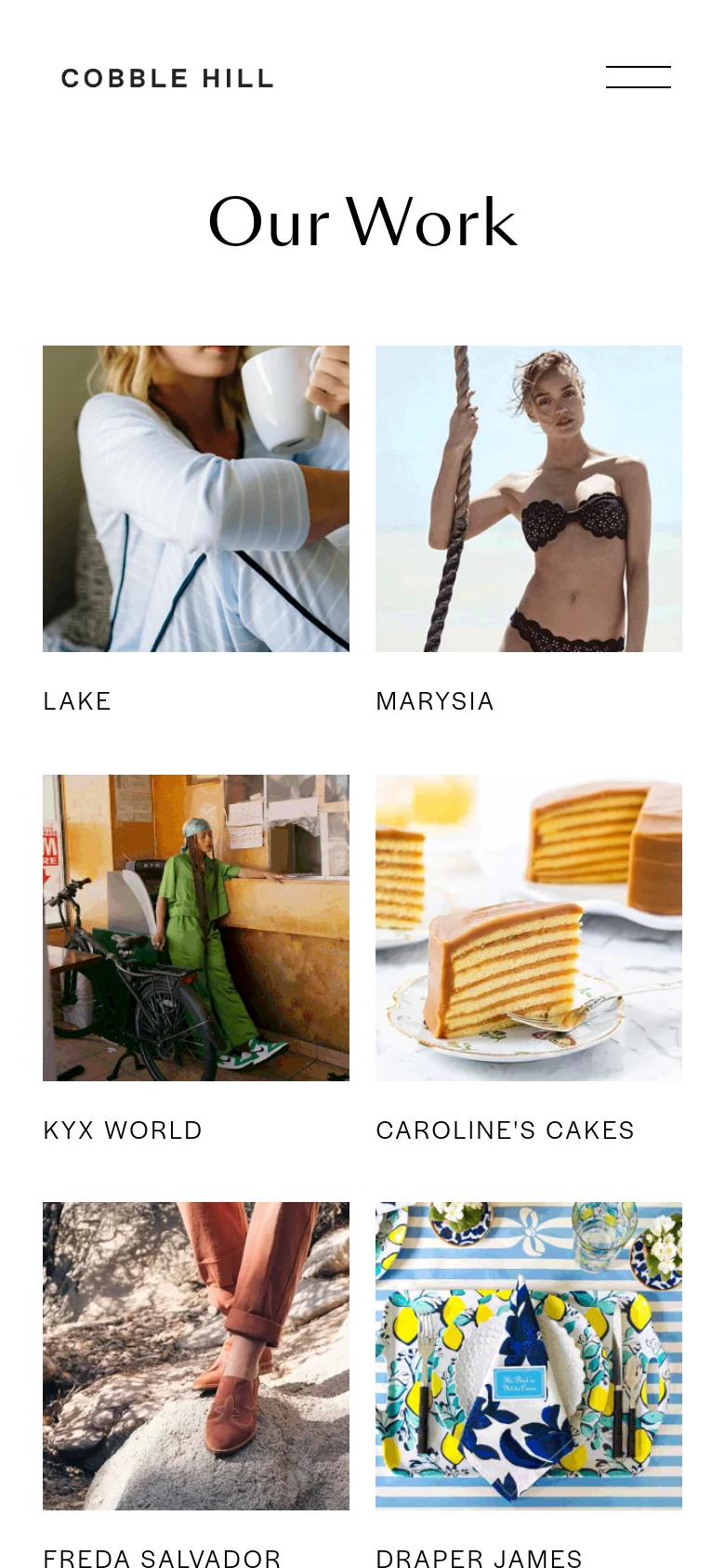 The mobile version maintains the minimalist aesthetic and 'Our Work' headline but transitions the project layout into a single-column vertical stack. The images and brand names are scaled to fit the narrower screen width for easy scrolling.