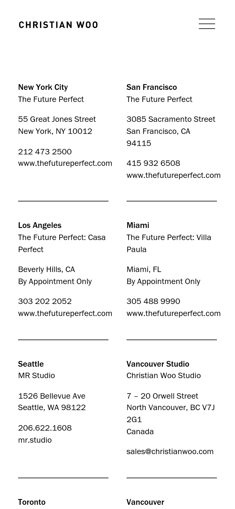 The mobile version features a single-column vertical layout for easier scrolling. The stockist information, including city names, store names, addresses, and contact details, is stacked vertically on a white background, removing the side-by-side grid seen on desktop.