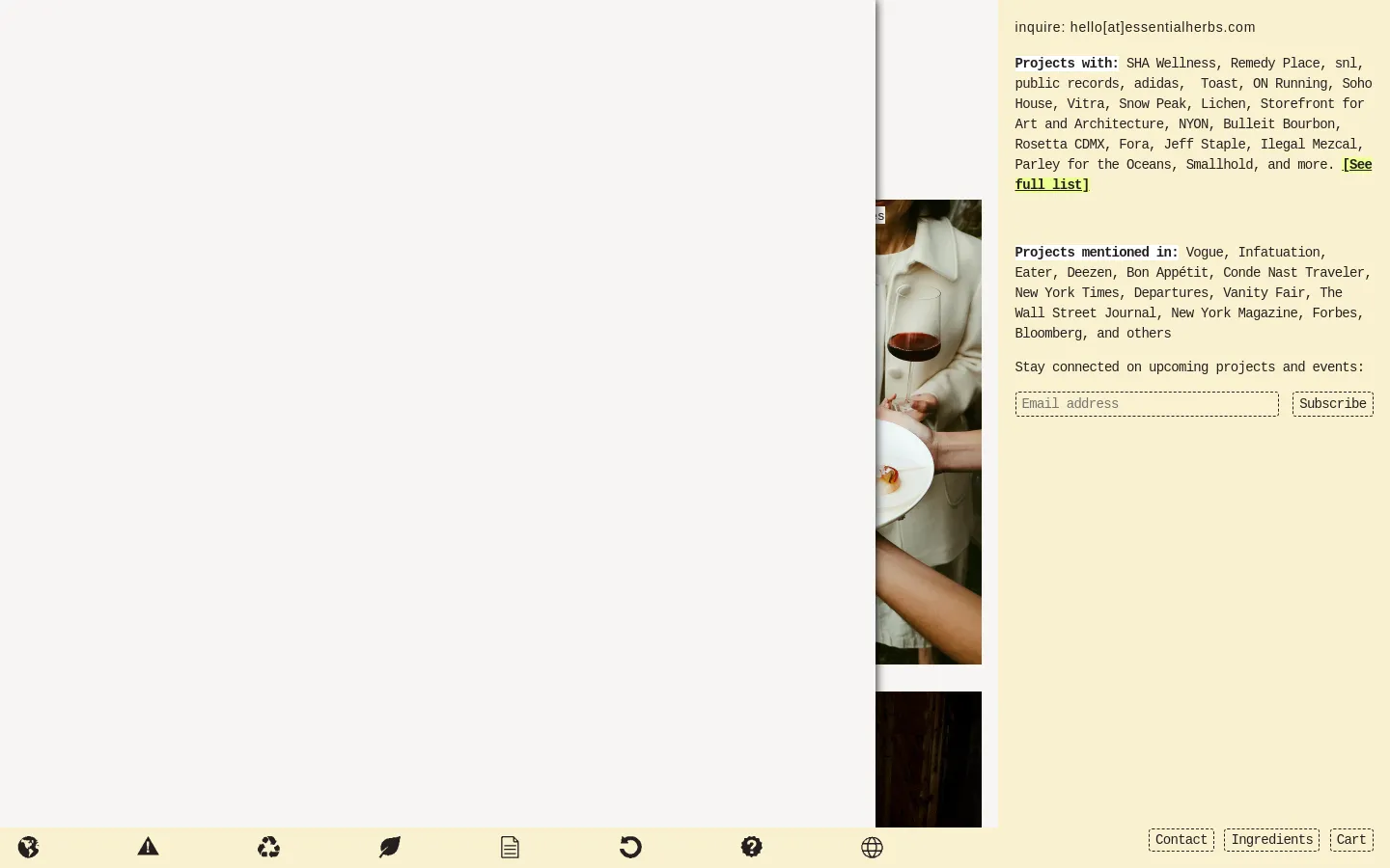 The desktop page features a minimalist design with a cream background and a grid of high-quality culinary and event photographs. A sidebar on the right contains text details including contact information, a list of notable clients, and a newsletter subscription field. Navigation links like About, Contact, Ingredients, and Cart are visible at the top.