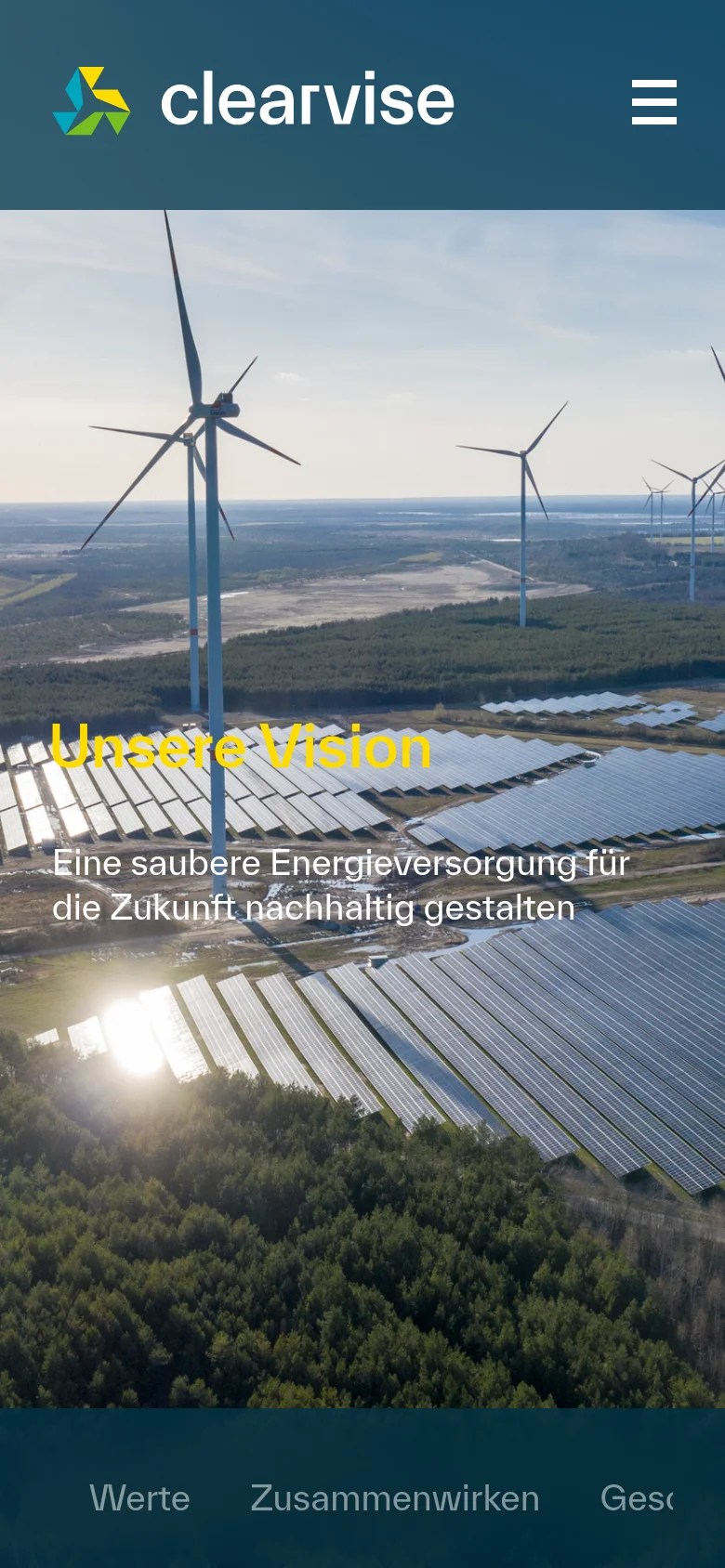 The mobile version maintains the large hero image of solar panels and wind turbines but scales the content vertically. The text sections are stacked, and the navigation elements, including the logo and hamburger menu, remain at the top, while the bottom navigation links are condensed for a smaller screen.