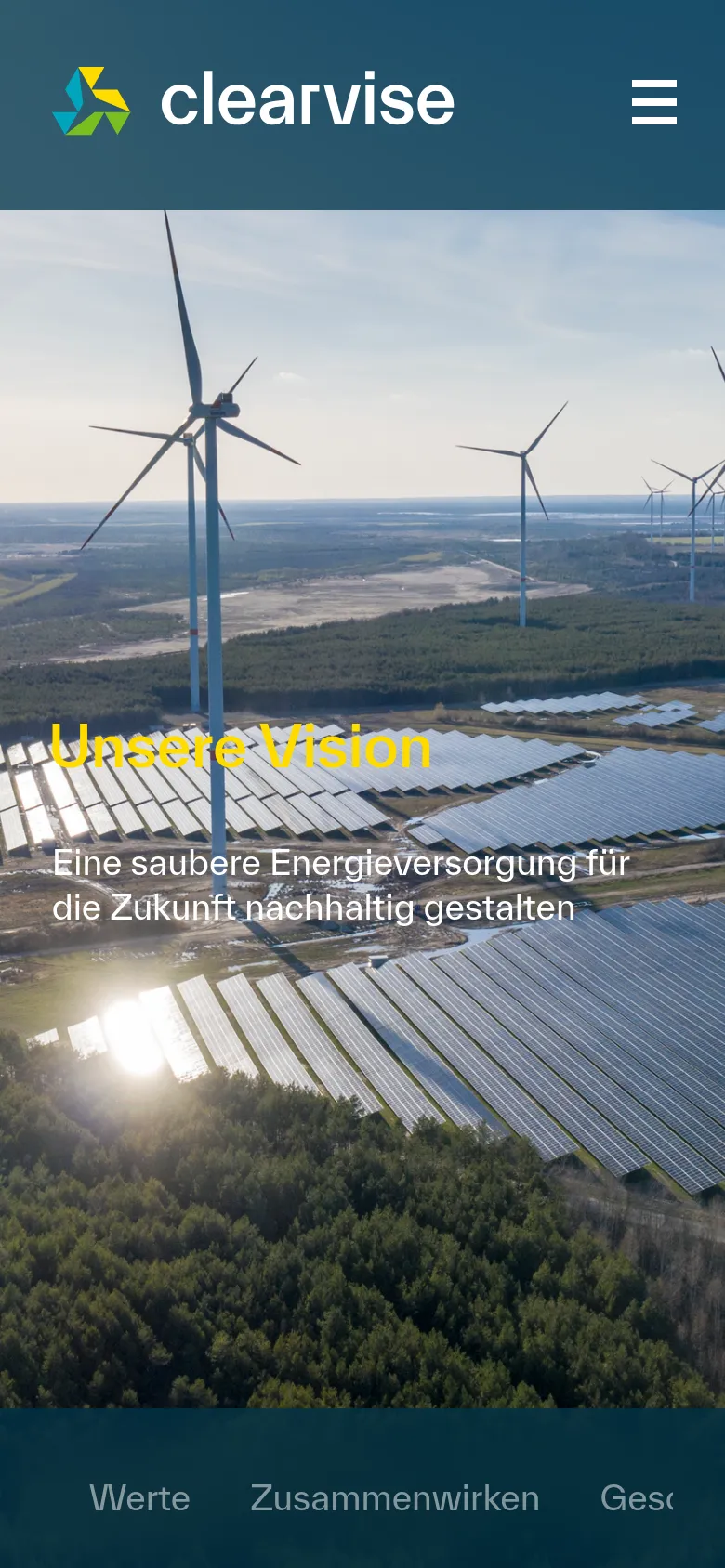 The mobile version maintains the large hero image of solar panels and wind turbines but scales the content vertically. The text sections are stacked, and the navigation elements, including the logo and hamburger menu, remain at the top, while the bottom navigation links are condensed for a smaller screen.