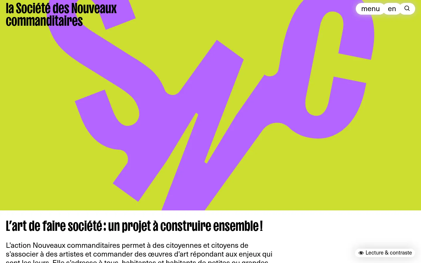The desktop homepage features a vibrant lime green hero section with large, stylized purple 'SNC' lettering and the organization's name in black. Below the hero, a white content area contains a large headline, introductory text about the association, and a series of large landscape photographs showcasing various art commissions.