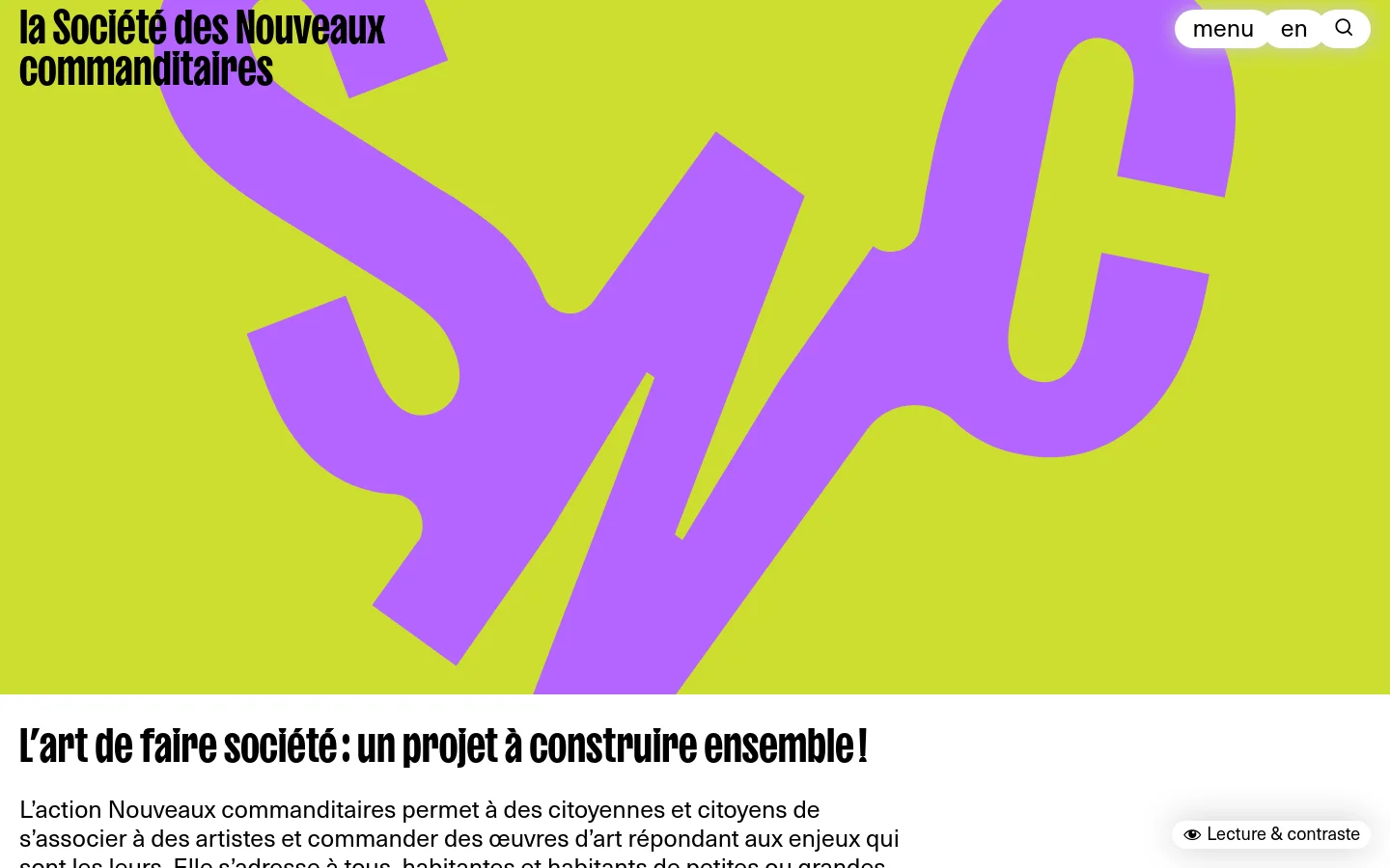 The desktop homepage features a vibrant lime green hero section with large, stylized purple 'SNC' lettering and the organization's name in black. Below the hero, a white content area contains a large headline, introductory text about the association, and a series of large landscape photographs showcasing various art commissions.