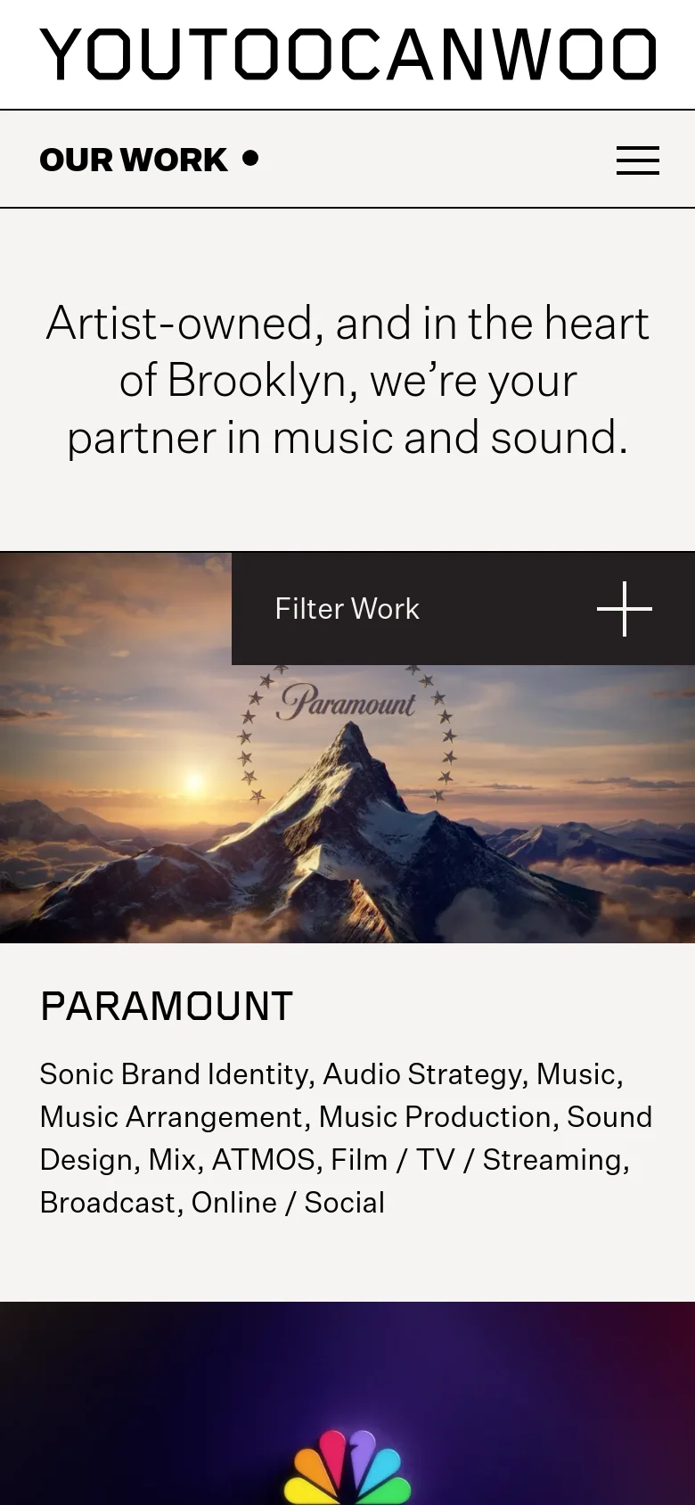 The mobile version presents a simplified layout with a centered logo and a hamburger menu icon for navigation. The hero headline is stacked vertically to fit the narrow screen, followed by a full-width 'Filter Work' button with a plus icon. The project grid transitions to a single-column vertical scroll, showing large images and project details like Paramount.
