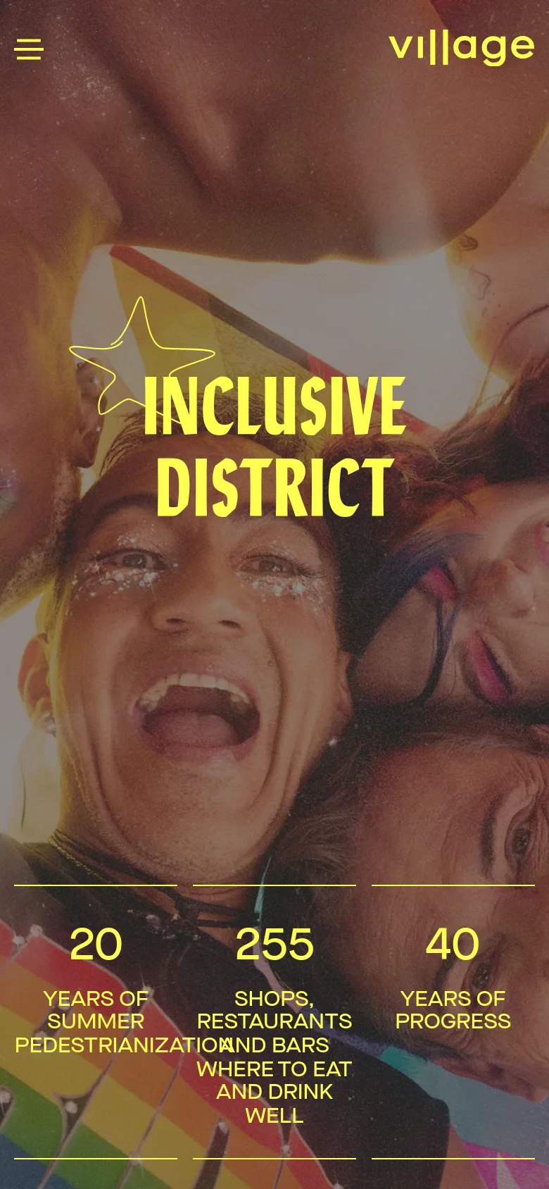 The mobile version presents a vertically stacked layout with a hamburger menu icon and the Village logo at the top. The hero image of smiling people remains the central focus with the 'INCLUSIVE DISTRICT' headline, but the statistical highlights are moved to the bottom of the screen in a single-column format for easier scrolling.