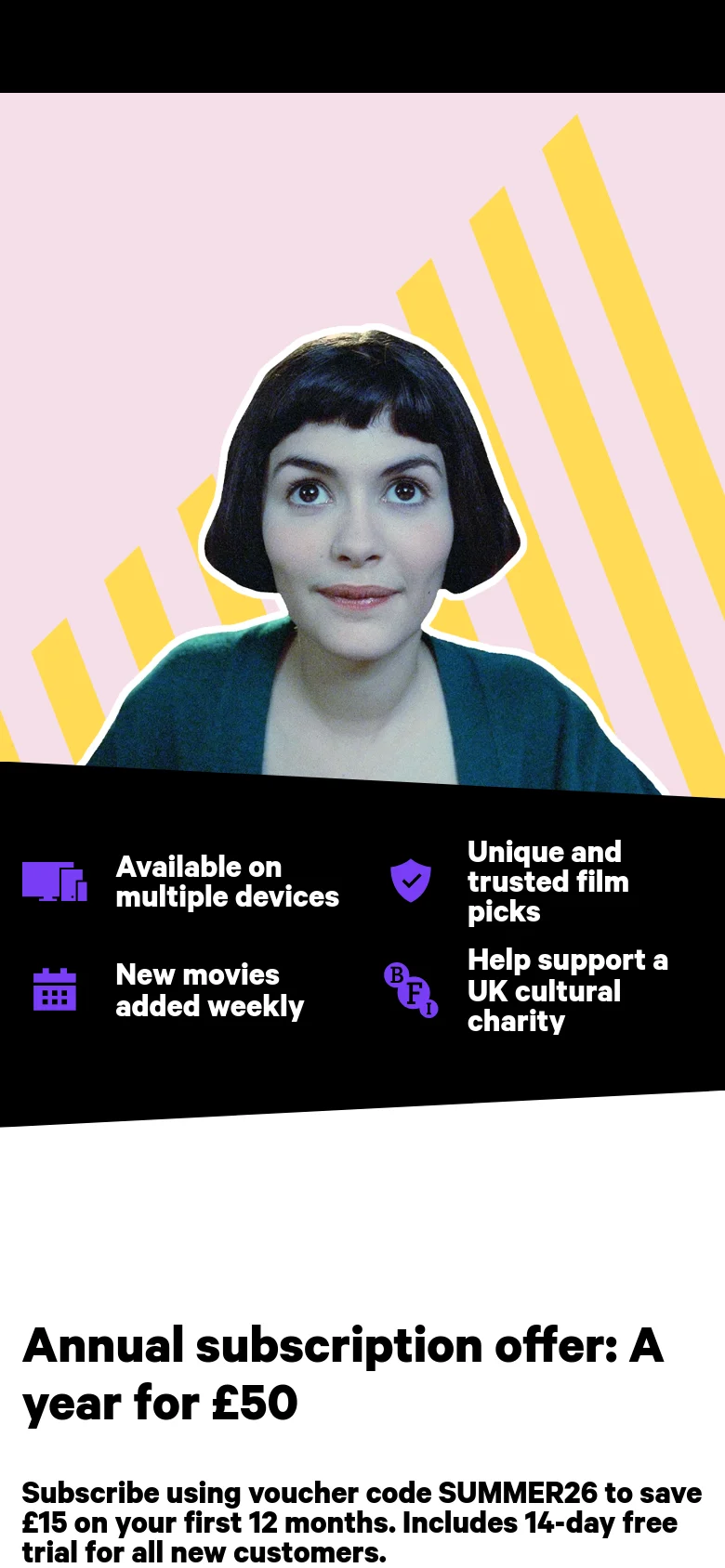 The mobile version presents a vertically stacked layout starting with a large portrait of a woman against yellow stripes. Below the image, the four service features are displayed in a two-column grid with colorful icons. The annual subscription offer headline and text follow at the bottom of the visible screen.