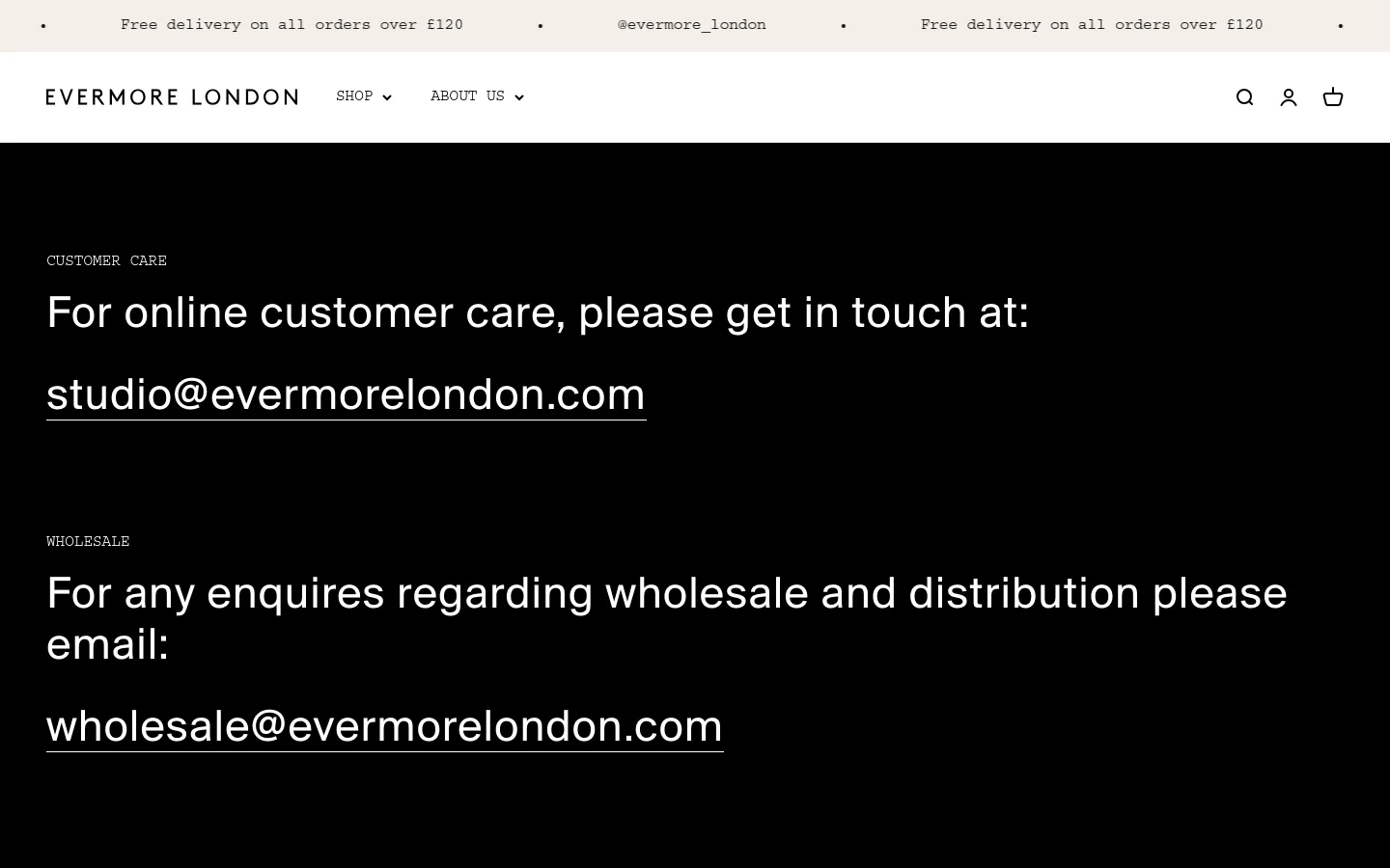 The contact page features a minimalist black background with white text. It lists various contact categories including Customer Care, Wholesale, Press Enquiries, Corporate Gifting, and Commercial & Collaboration, each with a corresponding email address. Below the contact information, a 'More from Evermore' section displays product images and links for a candle set and a gift set.