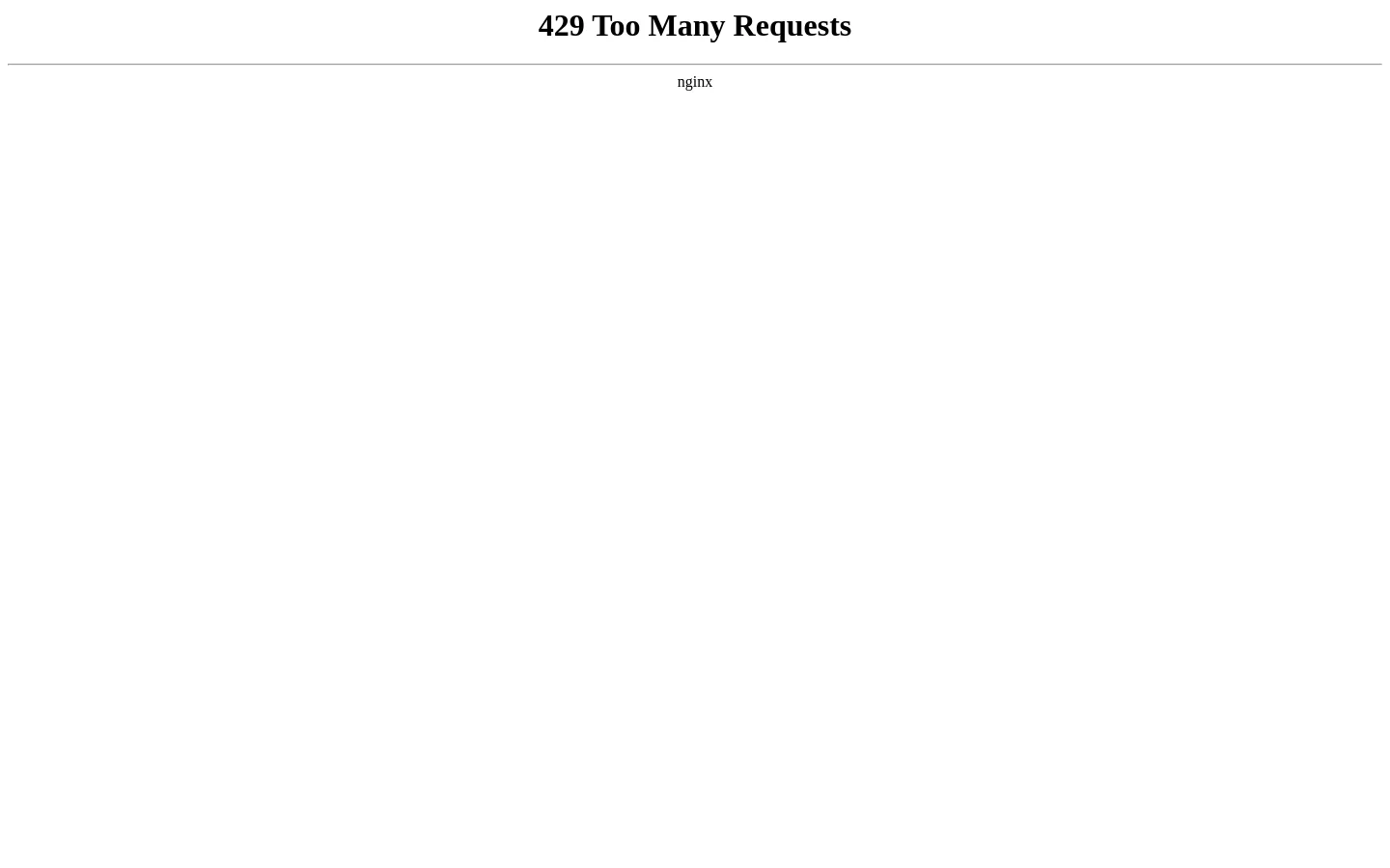 A desktop error page displaying a large '429 Too Many Requests' headline in black serif font on a white background. Below the headline, a thin horizontal line separates the text from the word 'nginx'.