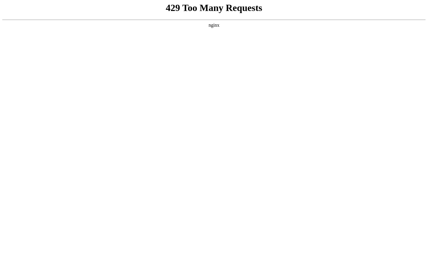 A desktop error page displaying a large '429 Too Many Requests' headline in black serif font on a white background. Below the headline, a thin horizontal line separates the text from the word 'nginx'.