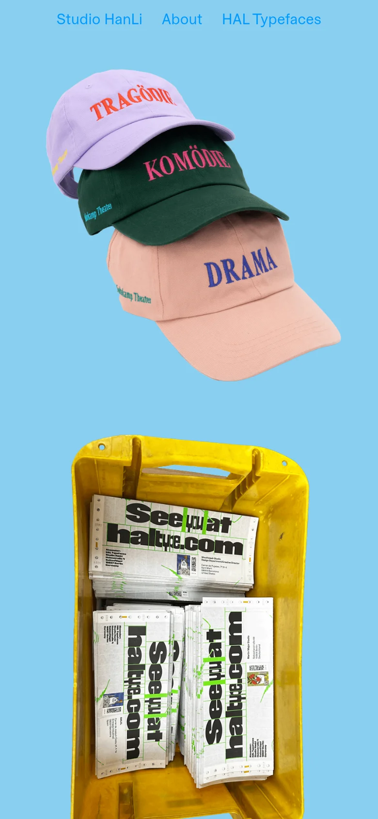 The mobile version simplifies the layout, displaying the navigation links at the top left and a stacked vertical arrangement of large, colorful project images. The hero image is replaced by a series of prominent, high-contrast project previews, such as stacked baseball caps and a yellow crate of printed materials, set against a light blue background.