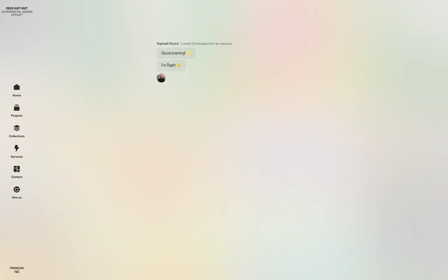 The desktop page features a minimalist design with a soft, multicolored gradient background. A vertical navigation menu with icons is on the left, and a chat interface in the center shows a message from Raphaël Ricard saying, 'Good evening! I'm Raph.'