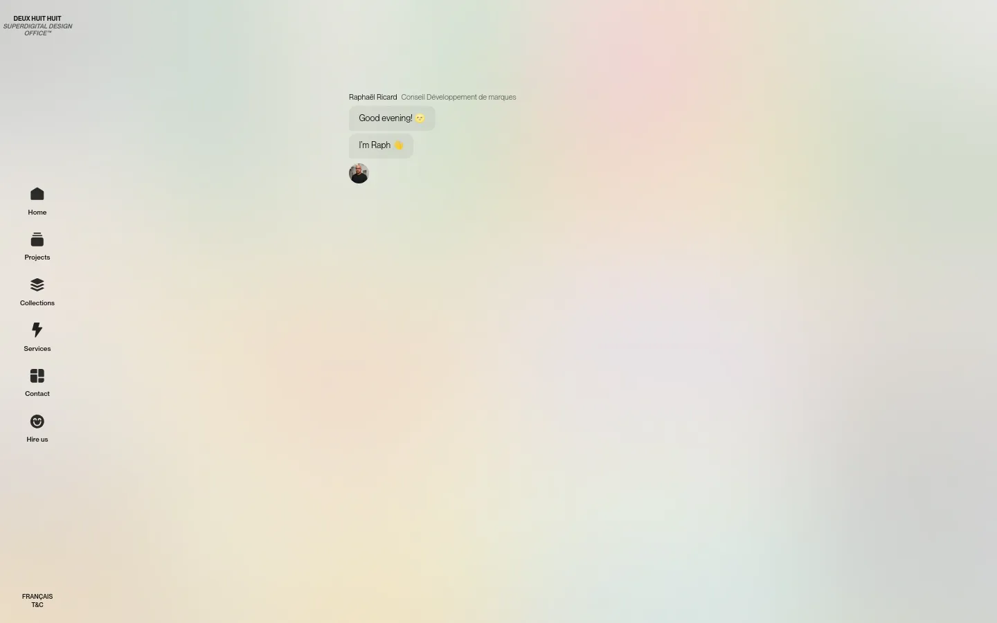 The desktop page features a minimalist design with a soft, multicolored gradient background. A vertical navigation menu with icons is on the left, and a chat interface in the center shows a message from RaphaΓ«l Ricard saying, 'Good evening! I'm Raph.'