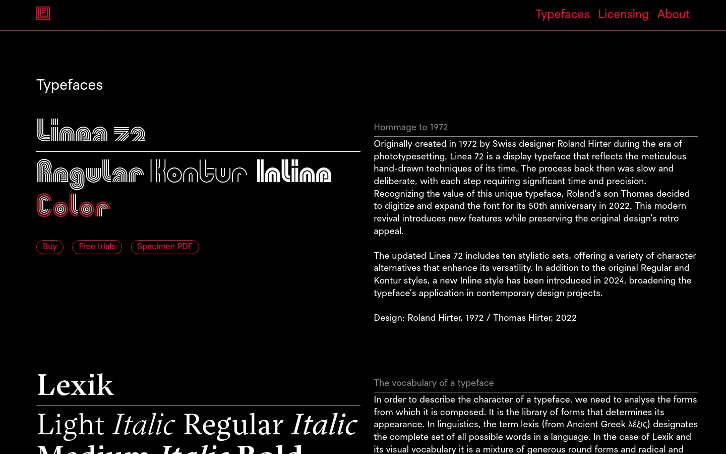 The desktop page features a dark theme with white and red text. A large 'Typefaces' heading is followed by stylized font previews for 'Linea 72' in various weights, accompanied by red outlined buttons for 'Buy', 'Free trials', and 'Specimen PDF'. Descriptive text about the font's history is positioned to the right of the visual samples.