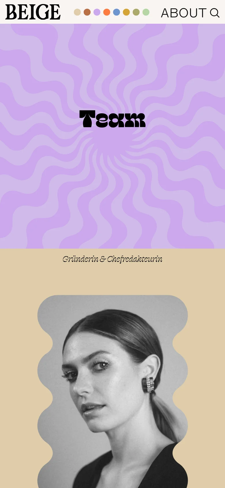 Beige team page showing a stacked mobile layout with a wavy lavender psychedelic hero header and large Team title. Team member profiles follow in a single-column vertical scroll with portrait images and descriptive text.